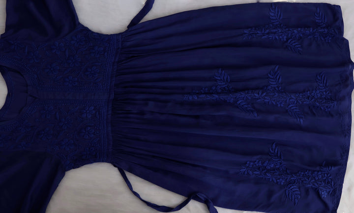 Aafiyat Pure Muslin Royal Blue Chikankari Fit and Flare dress