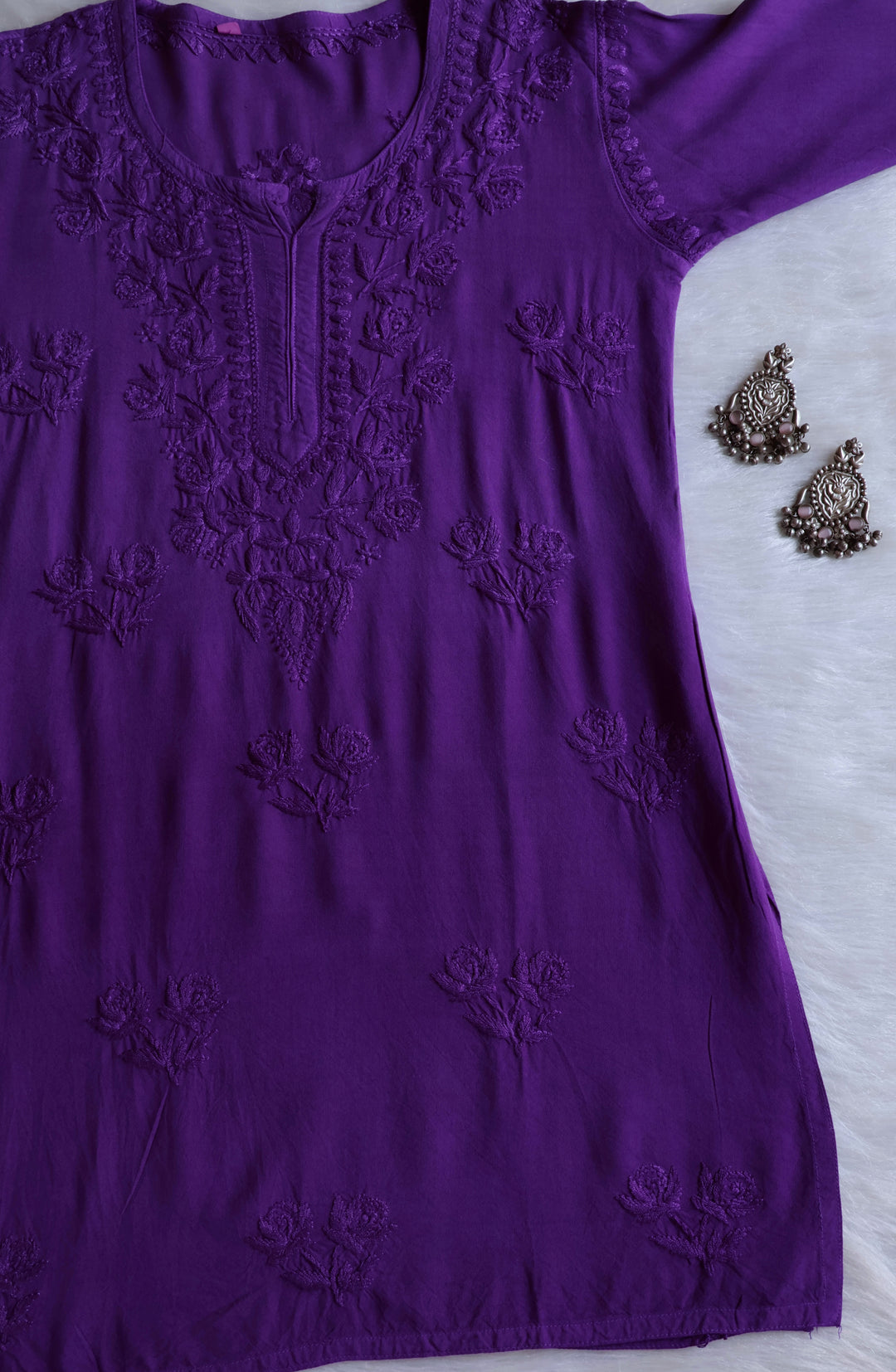 Gul Purple Short Rayon Kurta - Noor Chikankari