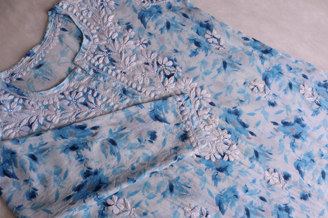 Abhira Ice Blue Mulmul Long Kurta
