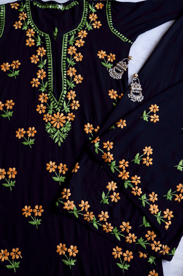 Sitara Black, Green & Yellow Rayon Kurta Set - Noor Chikankari