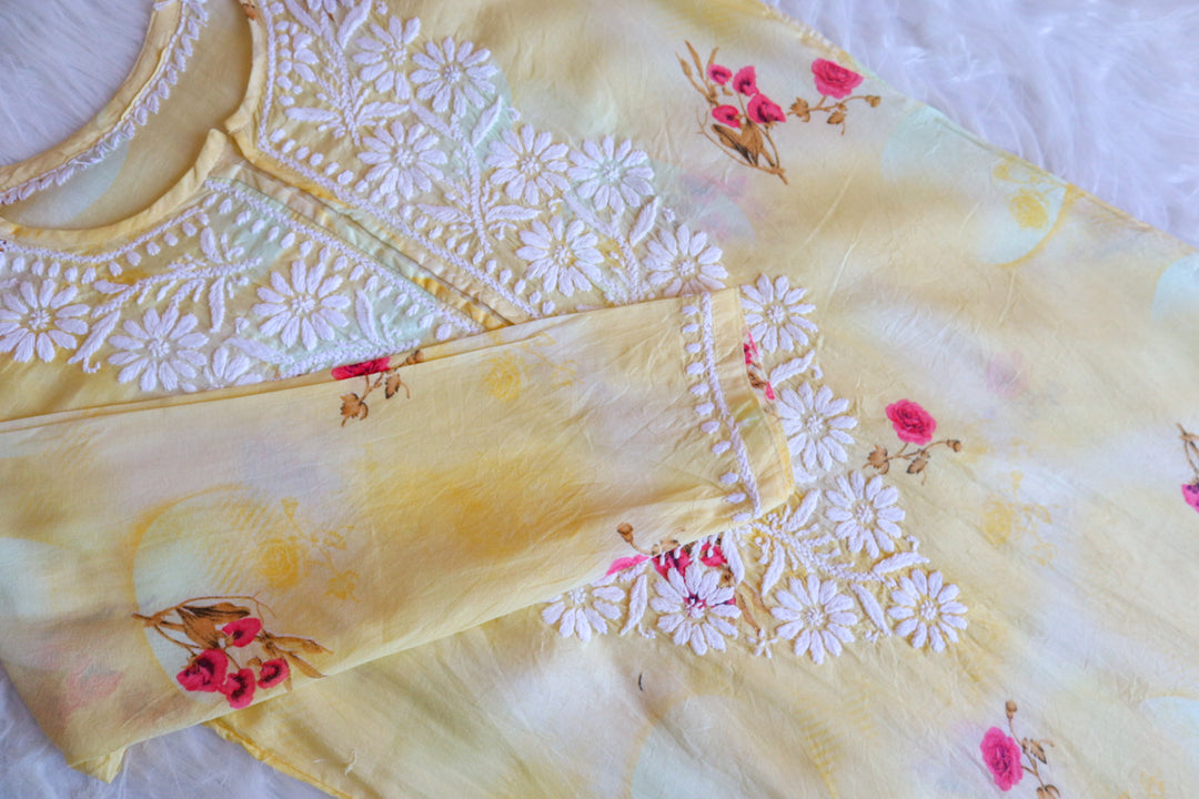 Chand Yellow Floral Long MulMul kurta