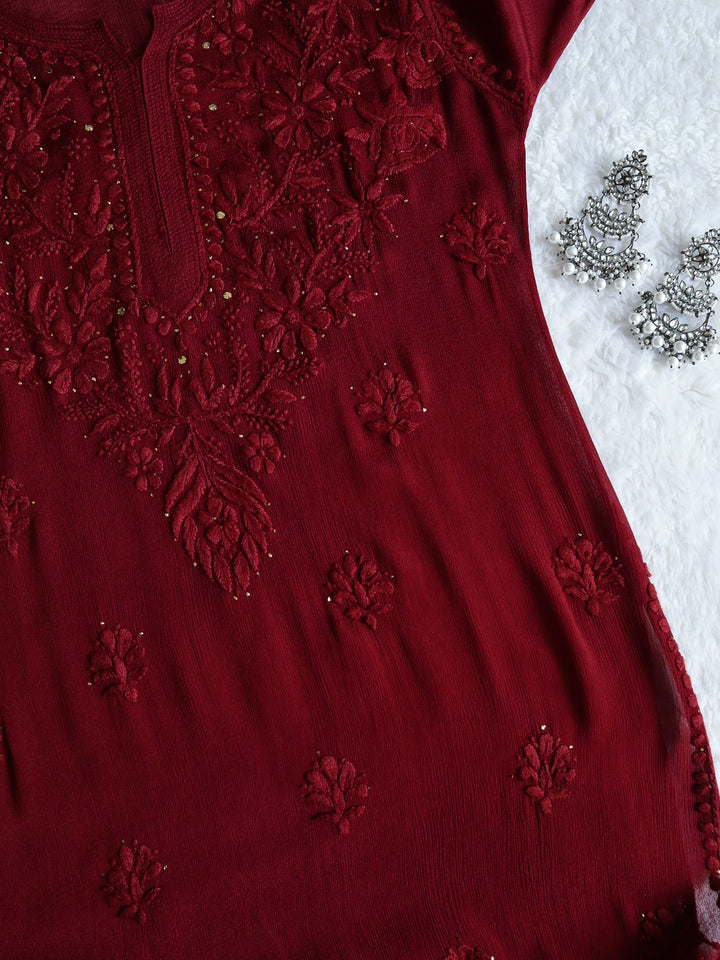 Hoor Maroon Pure Chiffon Kurta