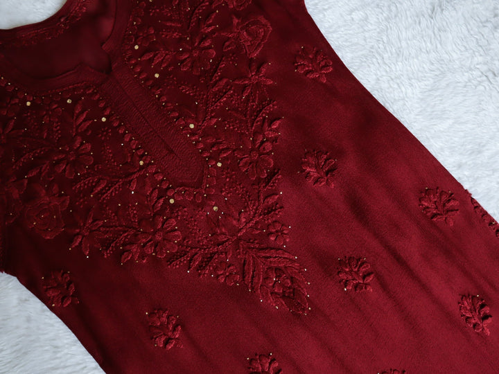 Hoor Maroon Pure Chiffon Kurta