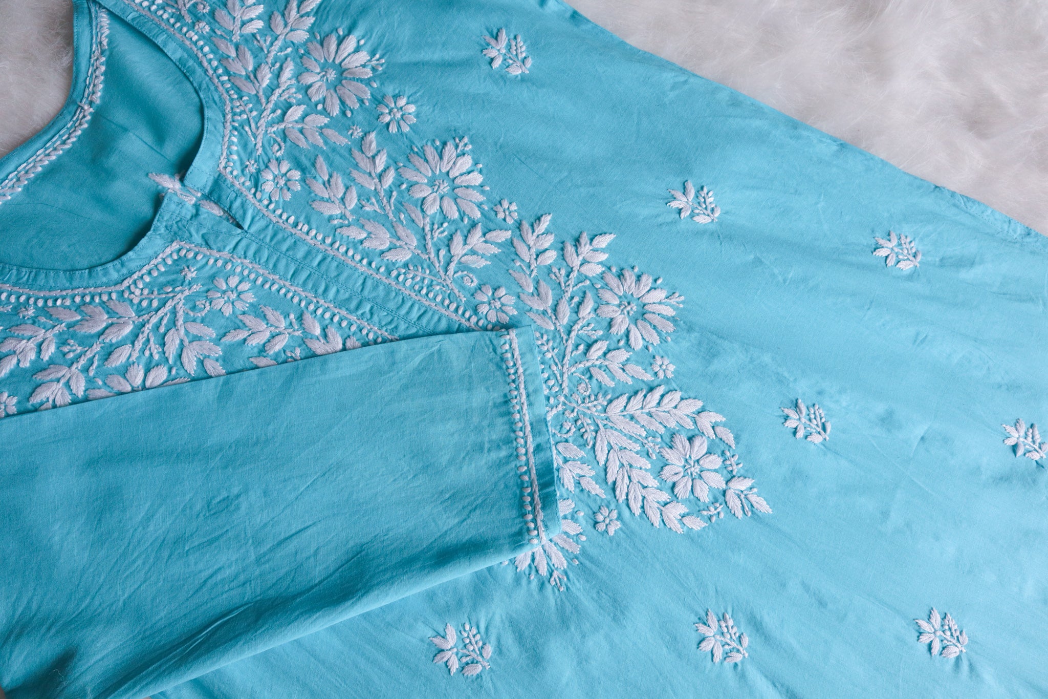 Blue Cotton Chikankari Kurti with Beautiful unique Bakhiya Embroidery