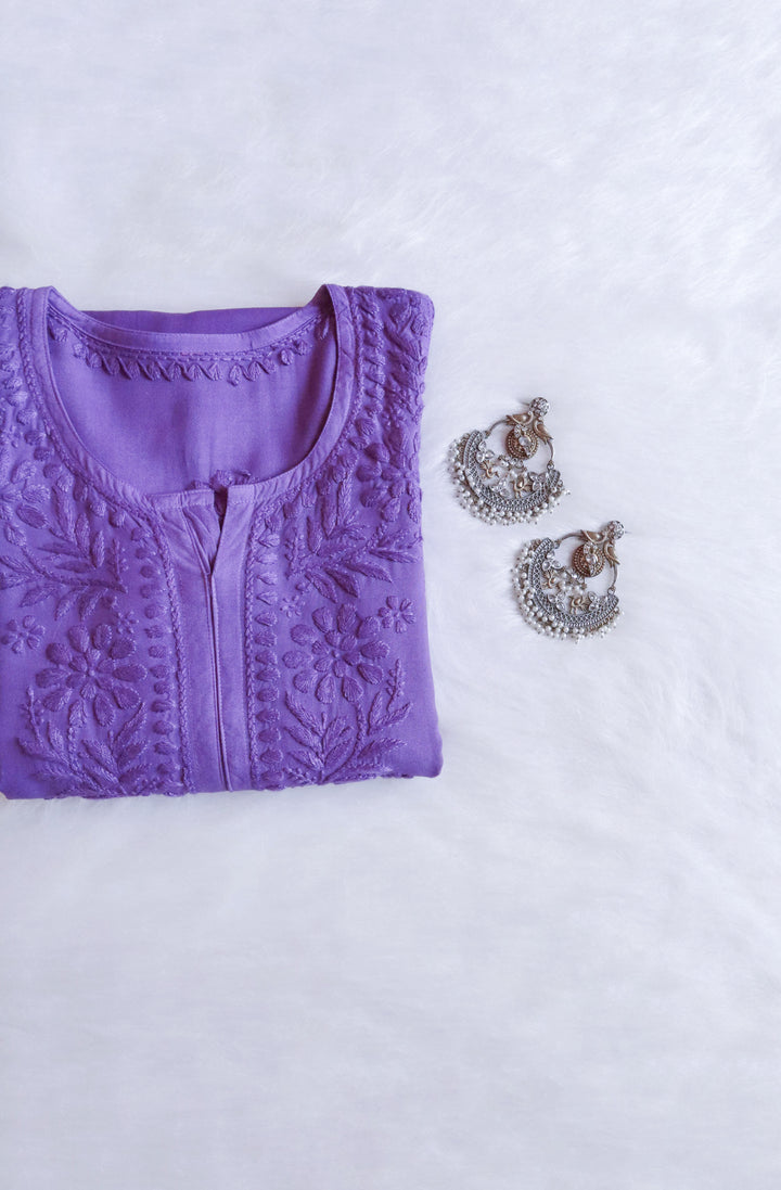 Zainab Lavender Ombre Long Rayon Kurta - Noor Chikankari