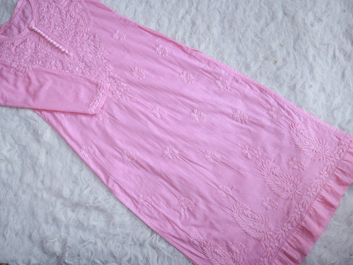 Nazakat Pink Long Cotton kurta - Noor Chikankari