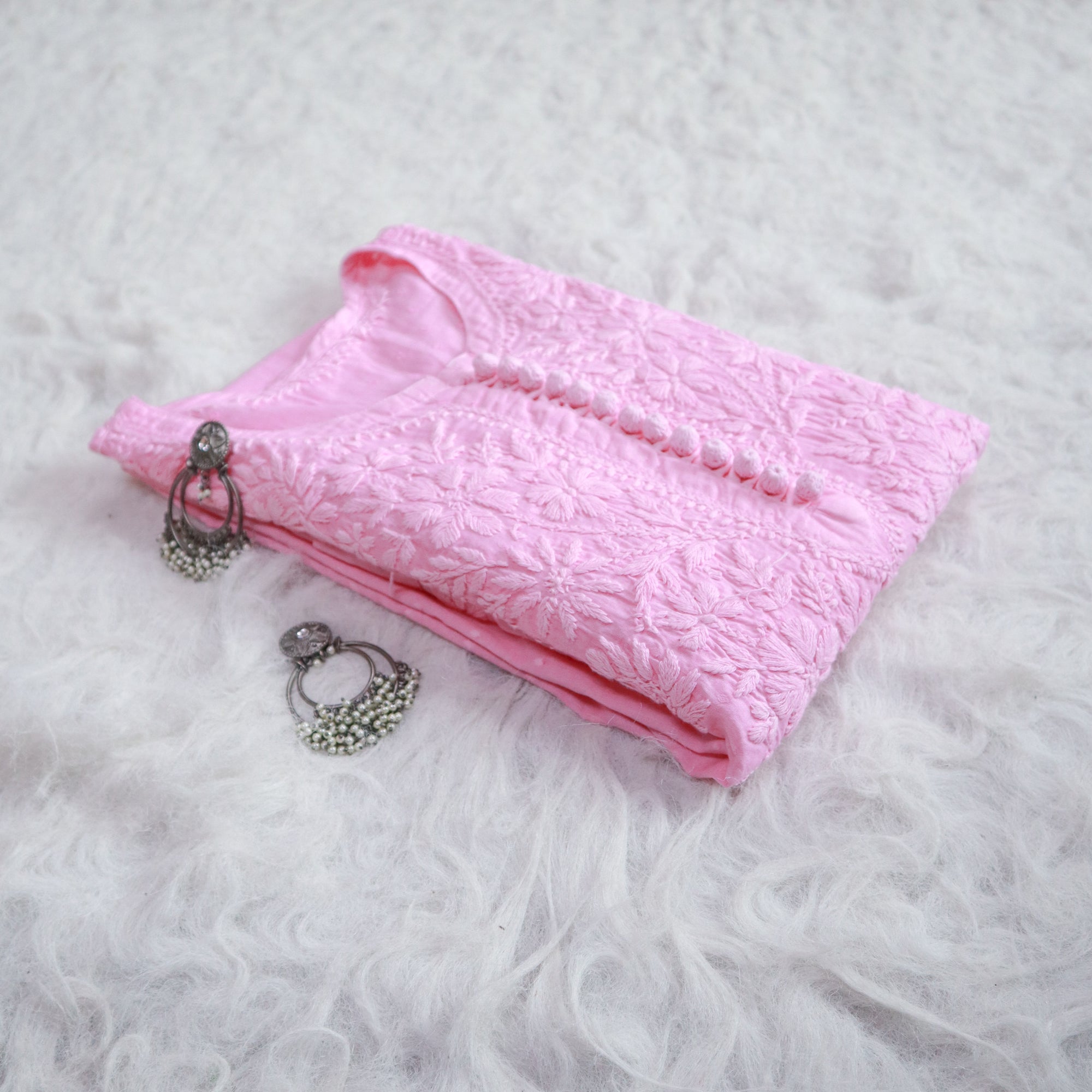 Nazakat Baby Pink Long Cotton kurta - Noor Chikankari