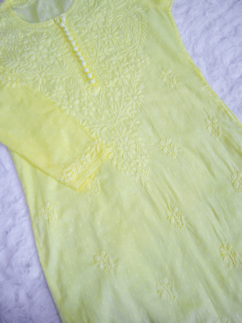 Nazakat Lemon Yellow Cotton Kurta - Noor Chikankari