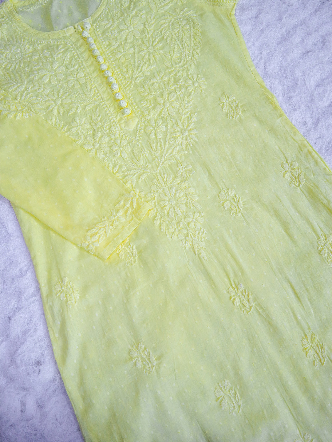 Nazakat Lemon Yellow Cotton Kurta - Noor Chikankari