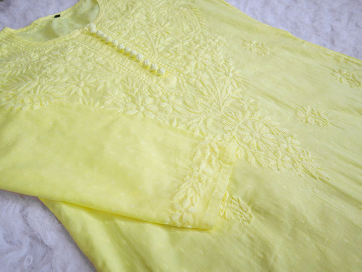 Nazakat Lemon Yellow Cotton Kurta - Noor Chikankari