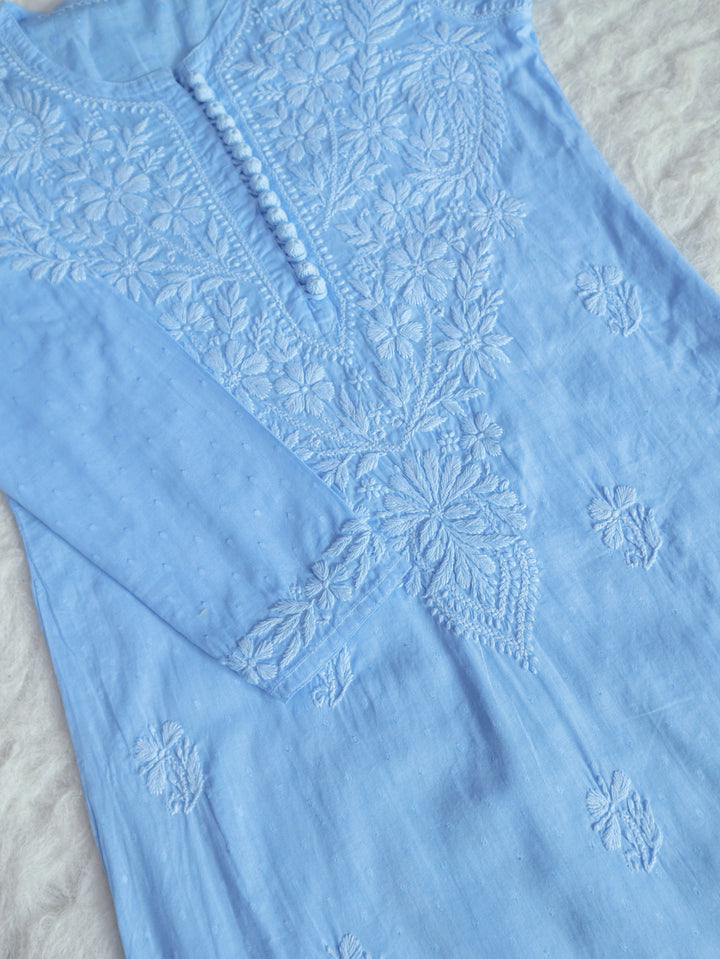 Nazakat Ice Blue Long Kurta - Noor Chikankari