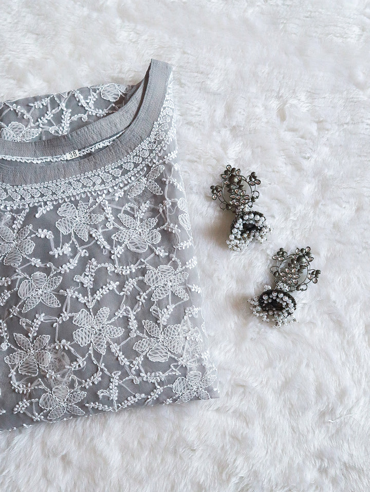 Grey & White Georgette kurta - Noor Chikankari