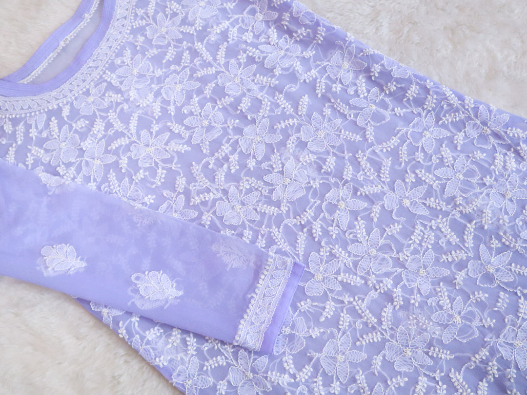 Lavender & White Georgette kurta - Noor Chikankari