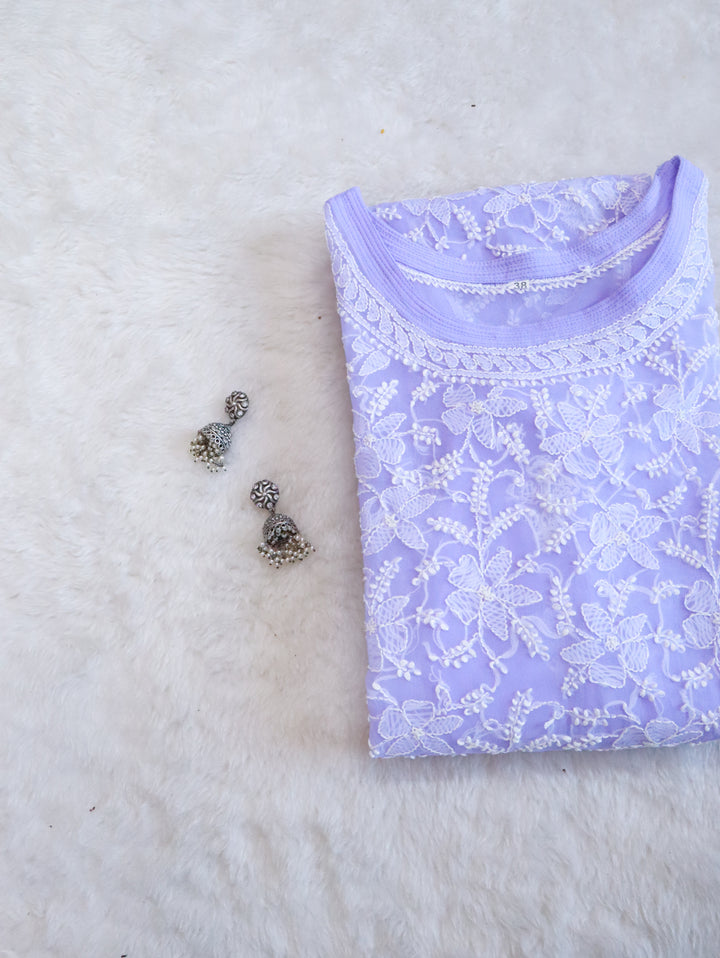 Lavender & White Georgette kurta - Noor Chikankari