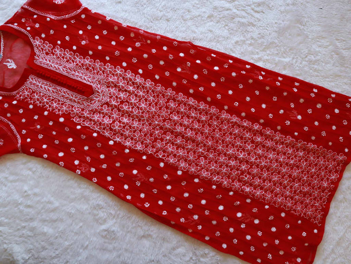 Red & White Resham Georgette kurta - Noor Chikankari