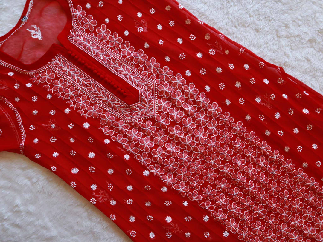 Red & White Resham Georgette kurta - Noor Chikankari