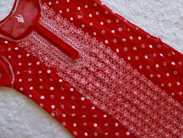 Red & White Resham Georgette kurta - Noor Chikankari
