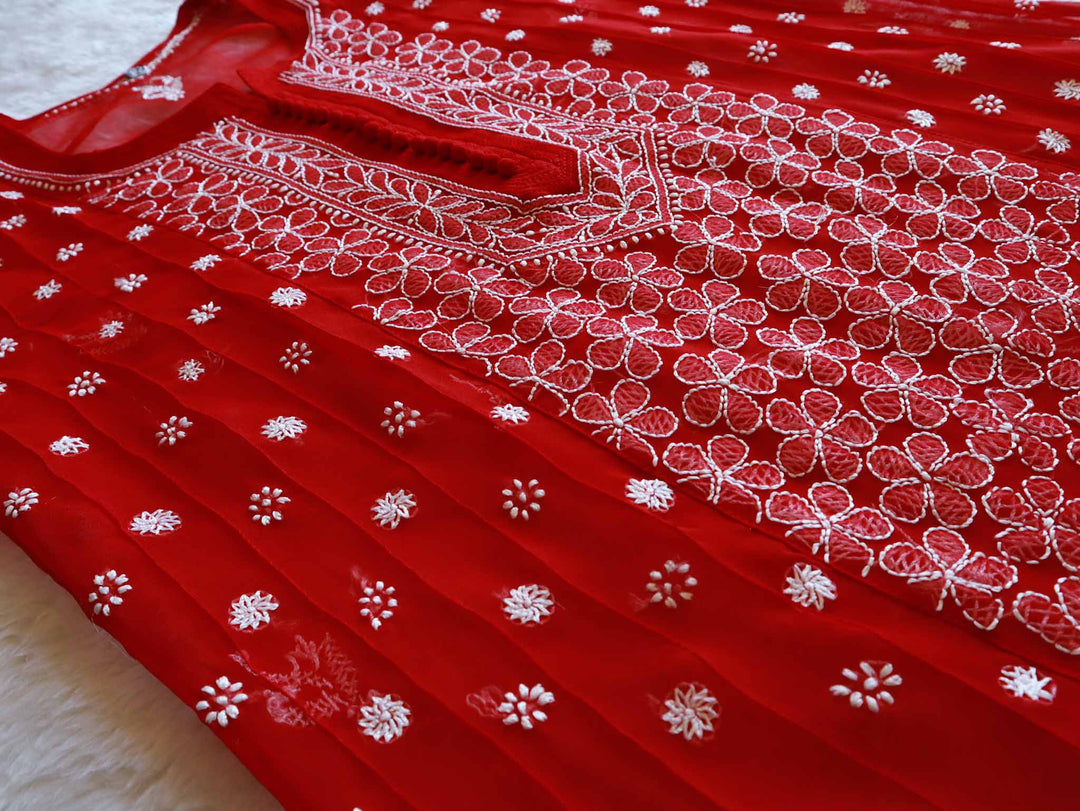 Red & White Resham Georgette kurta - Noor Chikankari
