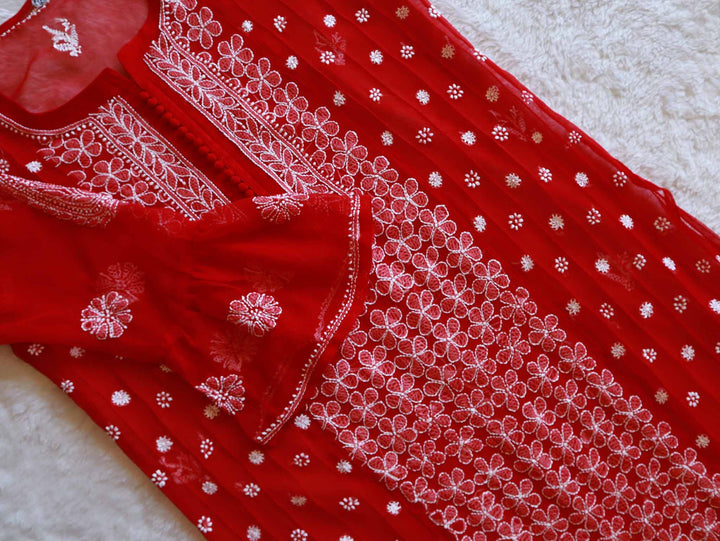 Red & White Resham Georgette kurta - Noor Chikankari