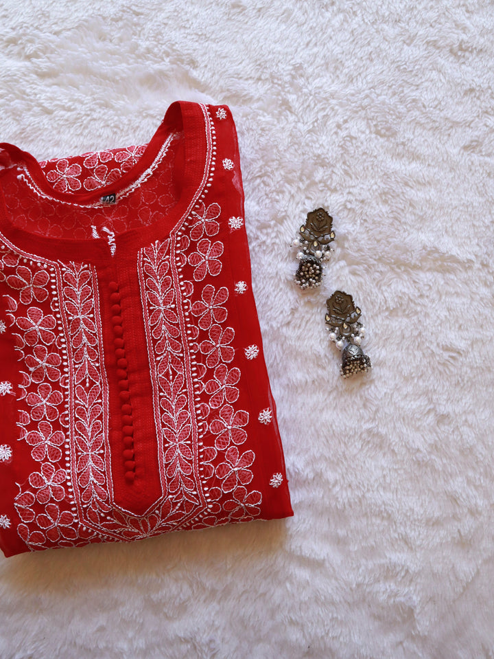 Red & White Resham Georgette kurta - Noor Chikankari