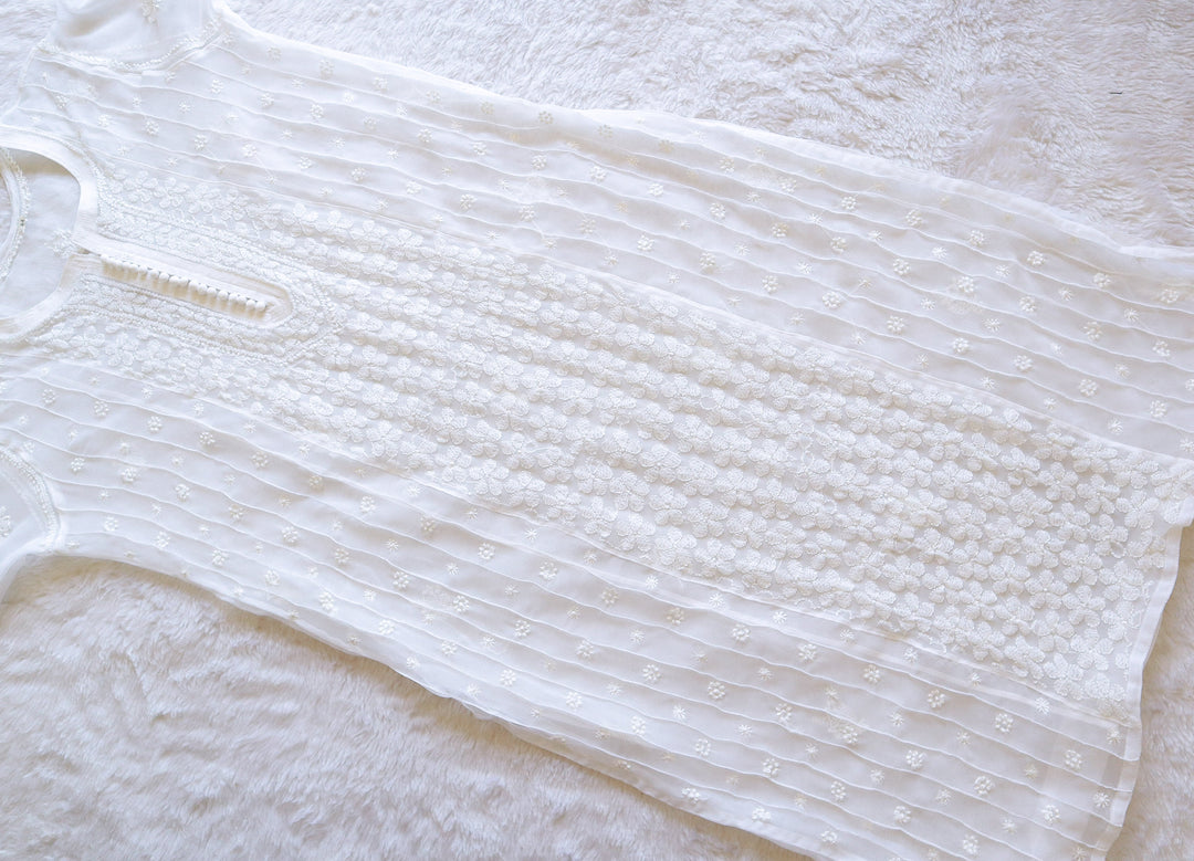 White Resham Georgette kurta - Noor Chikankari