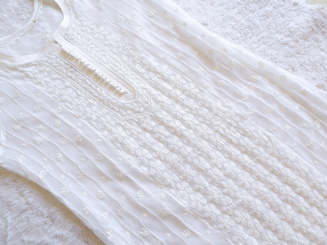 White Resham Georgette kurta - Noor Chikankari