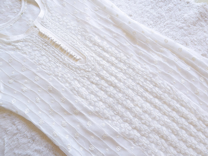 White Resham Georgette kurta - Noor Chikankari