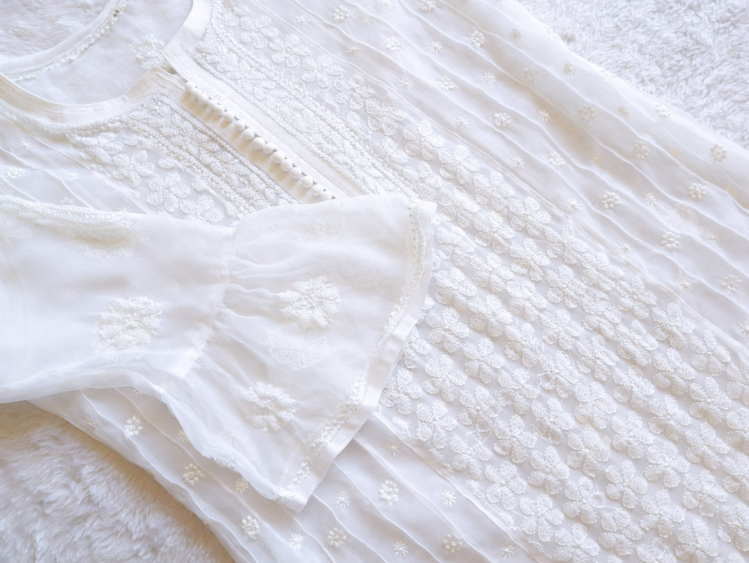 White Resham Georgette kurta - Noor Chikankari