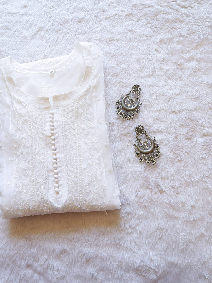 White Resham Georgette kurta - Noor Chikankari