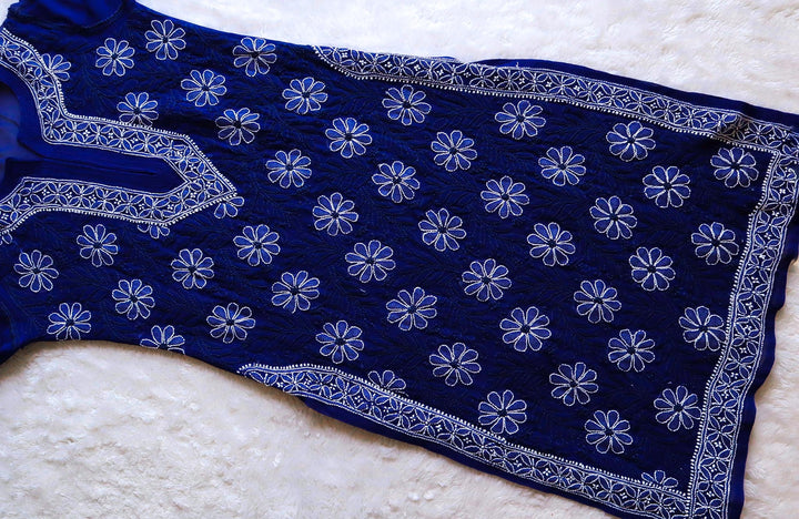 Royal Blue & White Georgette kurta - Noor Chikankari