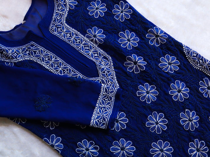 Royal Blue & White Georgette kurta - Noor Chikankari
