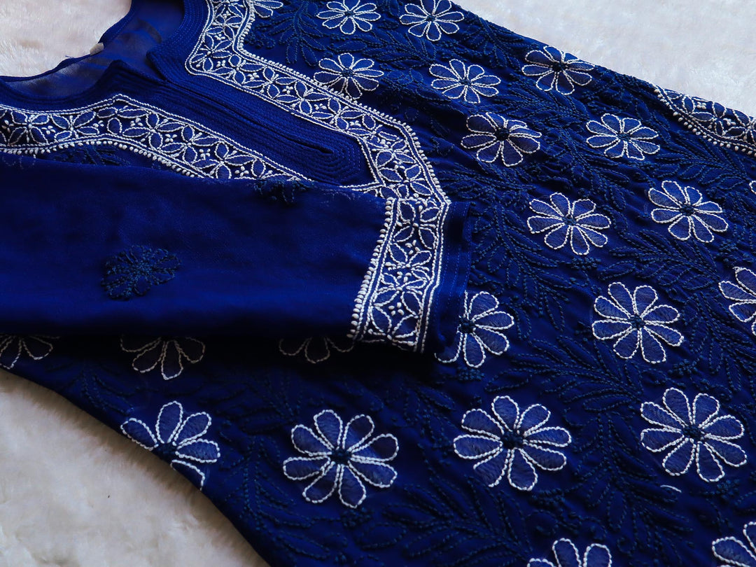 Royal Blue & White Georgette kurta - Noor Chikankari