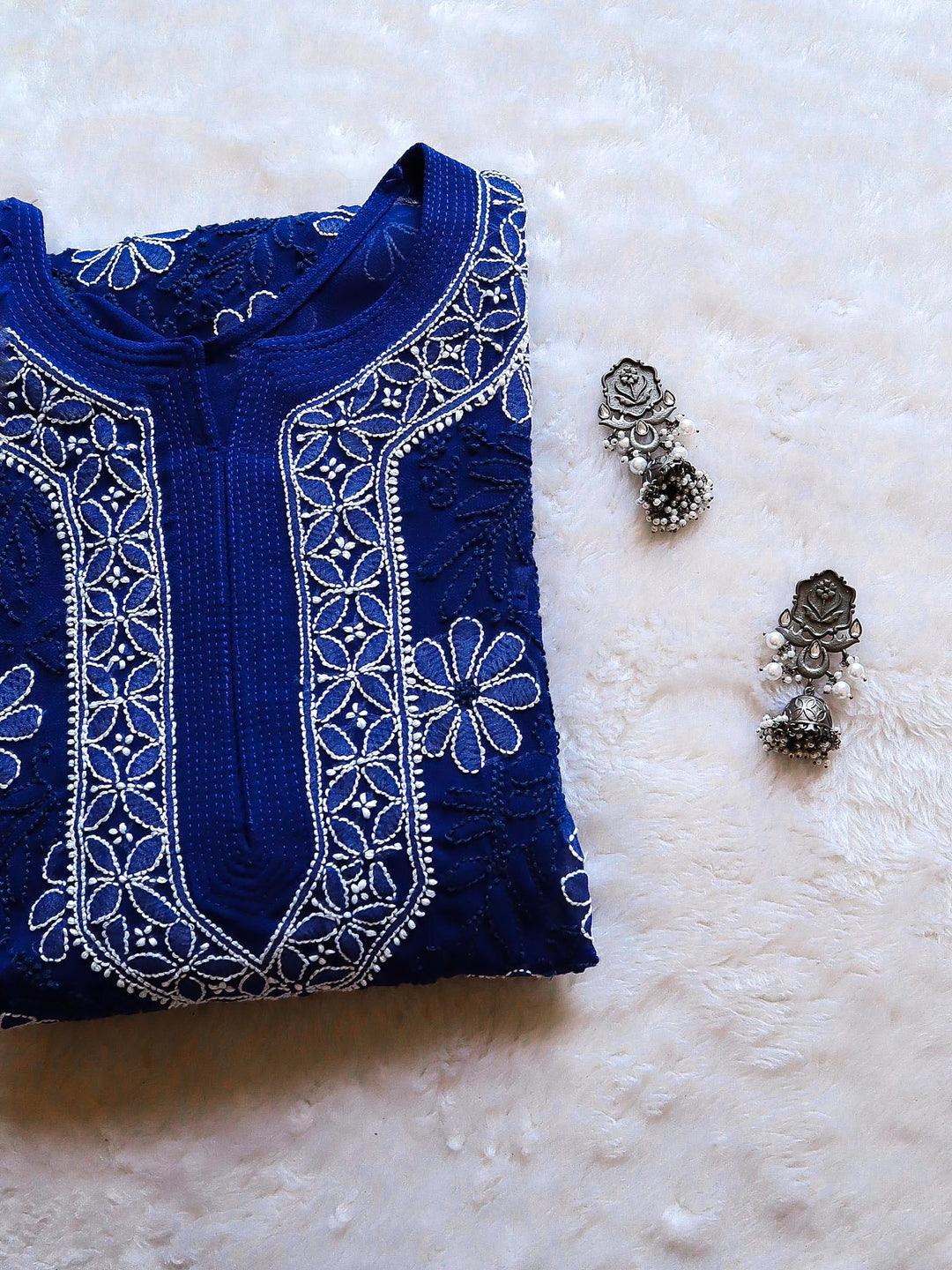 Royal Blue & White Georgette kurta - Noor Chikankari