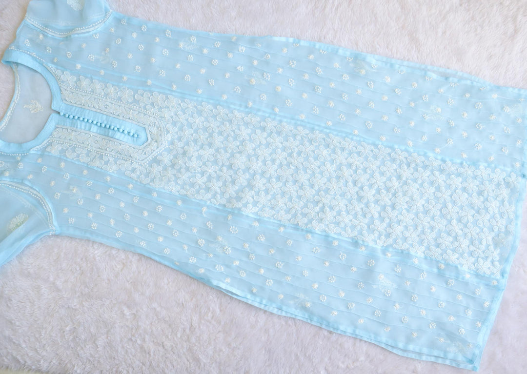 Sky Blue & White Resham Georgette kurta