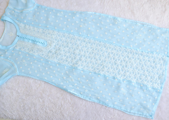 Sky Blue & White Resham Georgette kurta