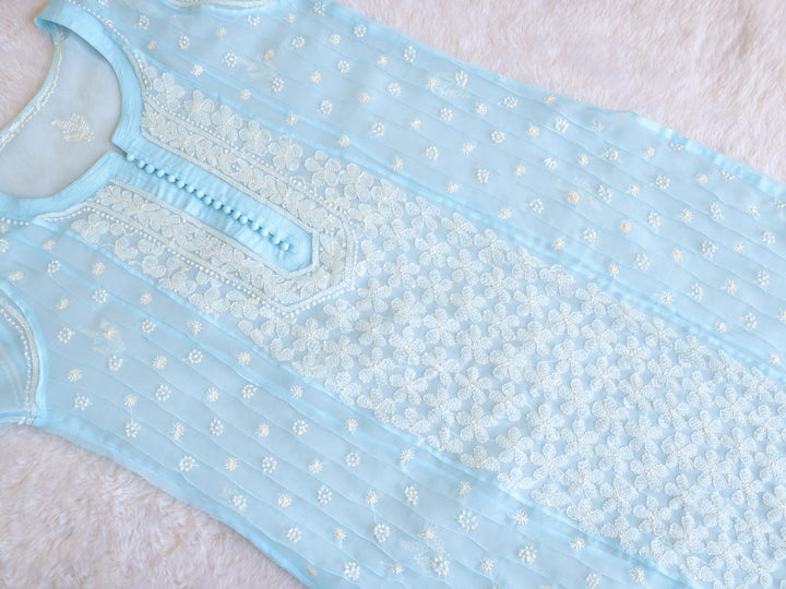 Sky Blue & White Resham Georgette kurta