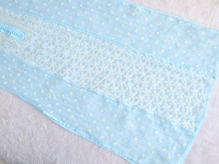 Sky Blue & White Resham Georgette kurta