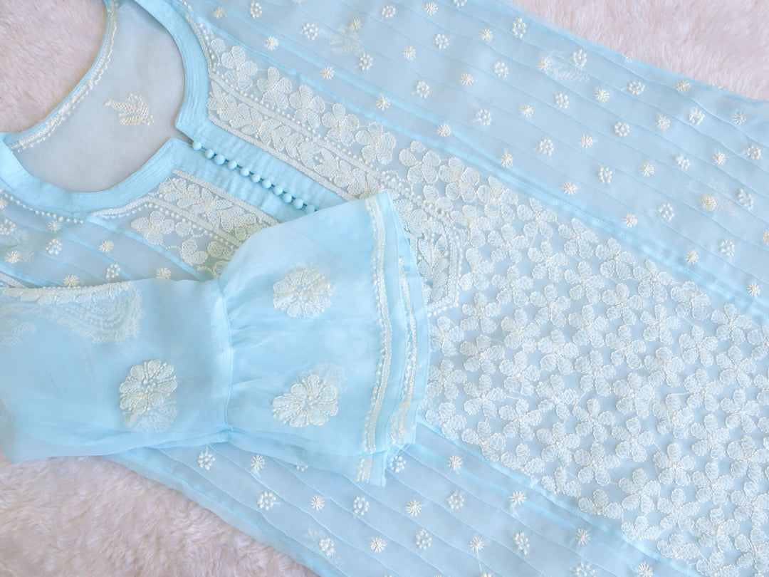 Sky Blue & White Resham Georgette kurta