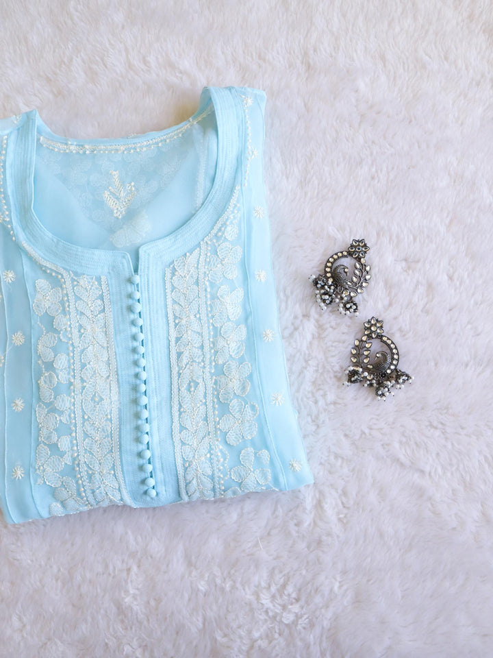 Sky Blue & White Resham Georgette kurta