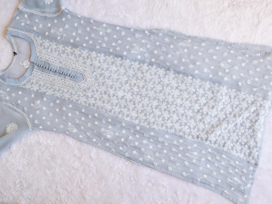 Grey & White Resham Georgette kurta - Noor Chikankari