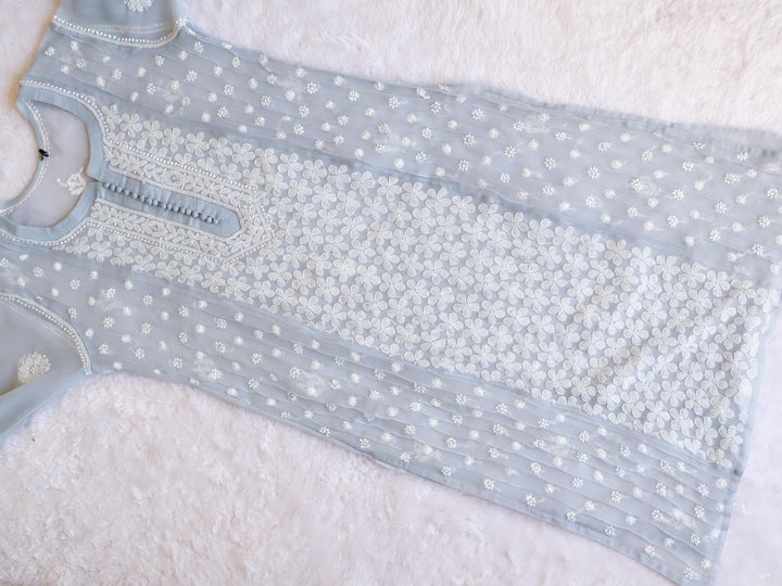 Grey & White Resham Georgette kurta - Noor Chikankari