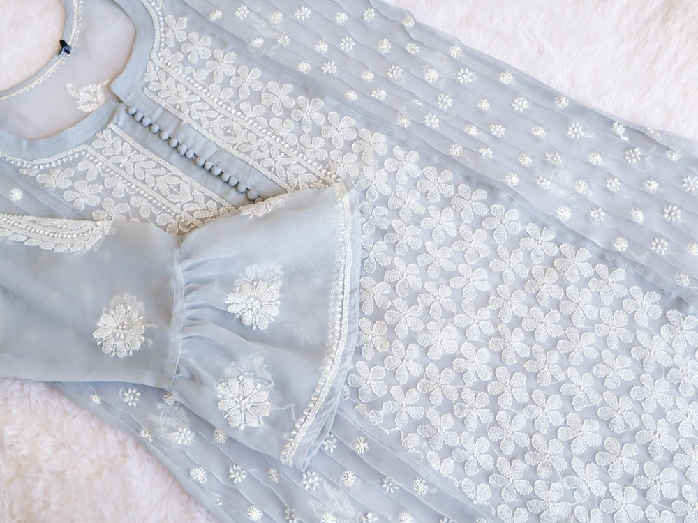 Grey & White Resham Georgette kurta - Noor Chikankari