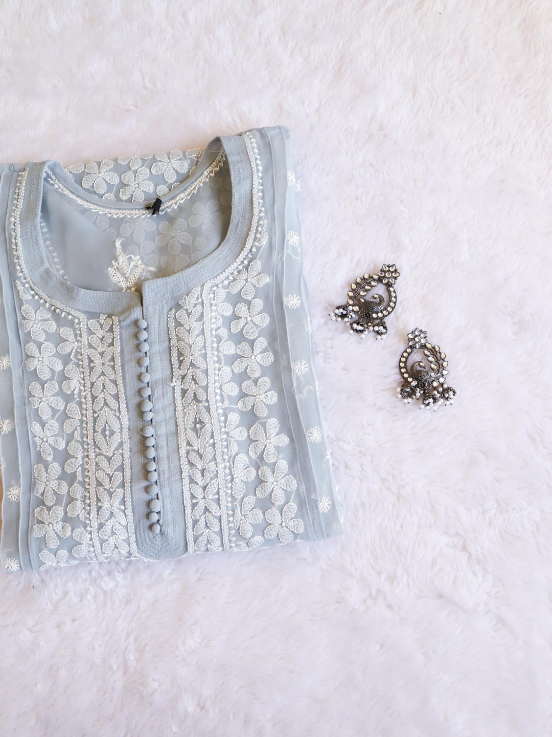 Grey & White Resham Georgette kurta - Noor Chikankari
