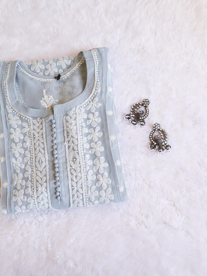 Grey & White Resham Georgette kurta - Noor Chikankari