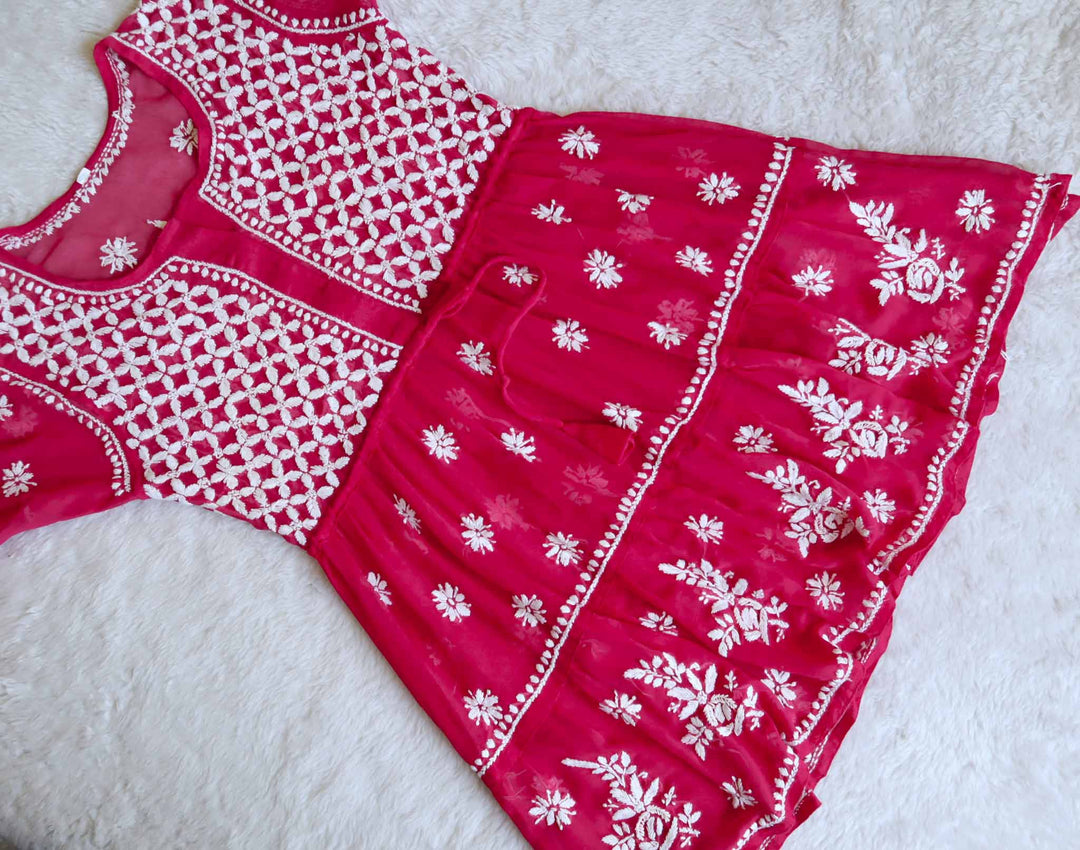 Rani & White Georgette 2 Tier Frock - Noor Chikankari