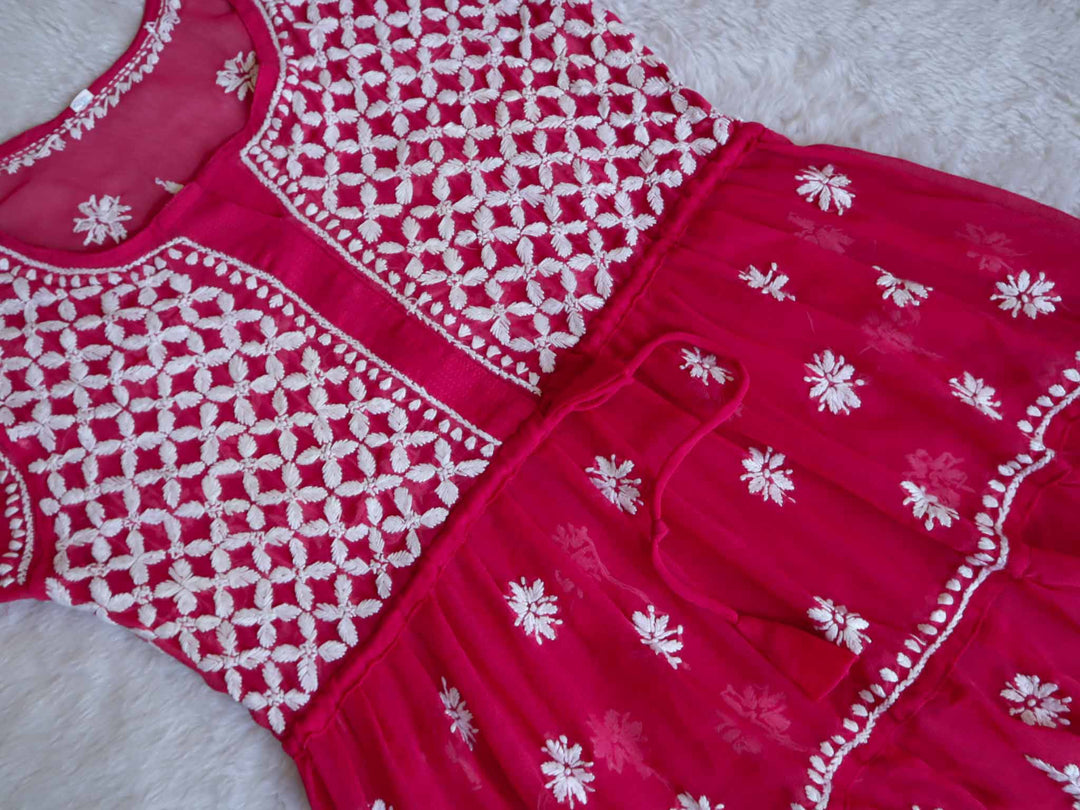 Rani & White Georgette 2 Tier Frock - Noor Chikankari