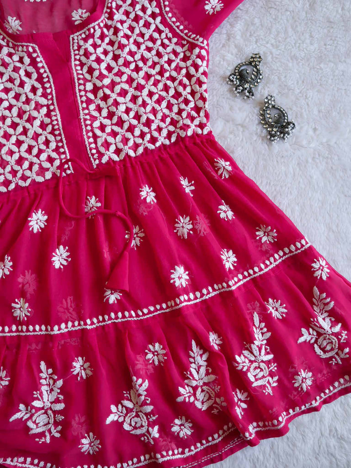 Rani & White Georgette 2 Tier Frock - Noor Chikankari