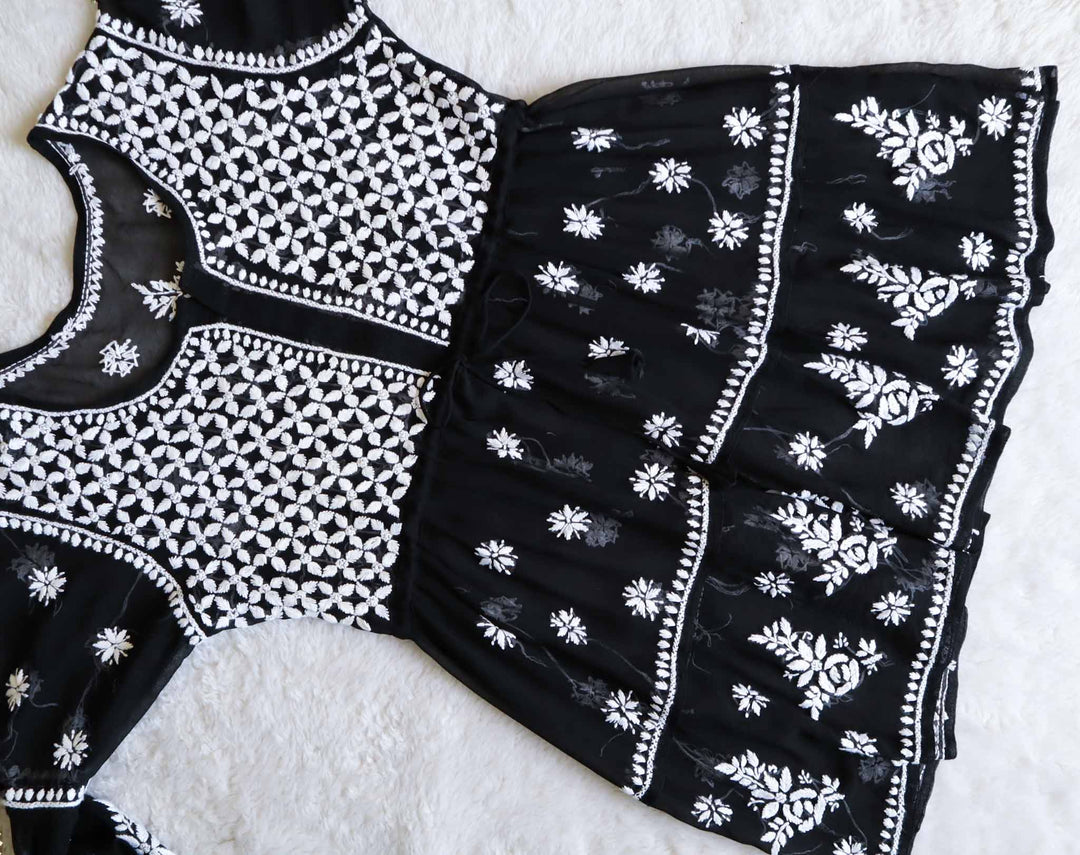 Black & White Georgette 2 Tier Frock - Noor Chikankari