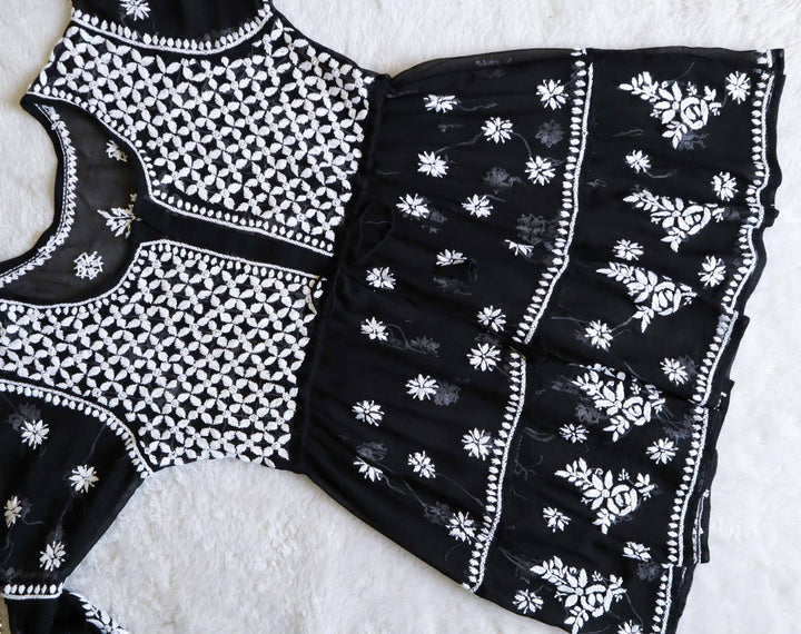 Black & White Georgette 2 Tier Frock - Noor Chikankari