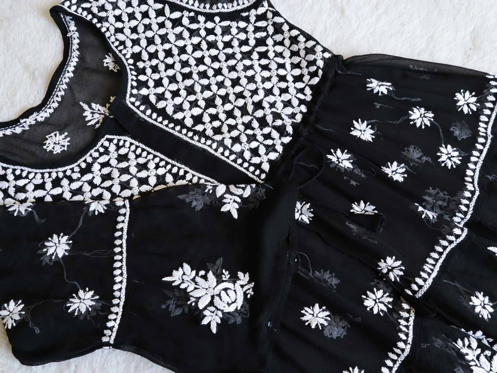 Black & White Georgette 2 Tier Frock - Noor Chikankari